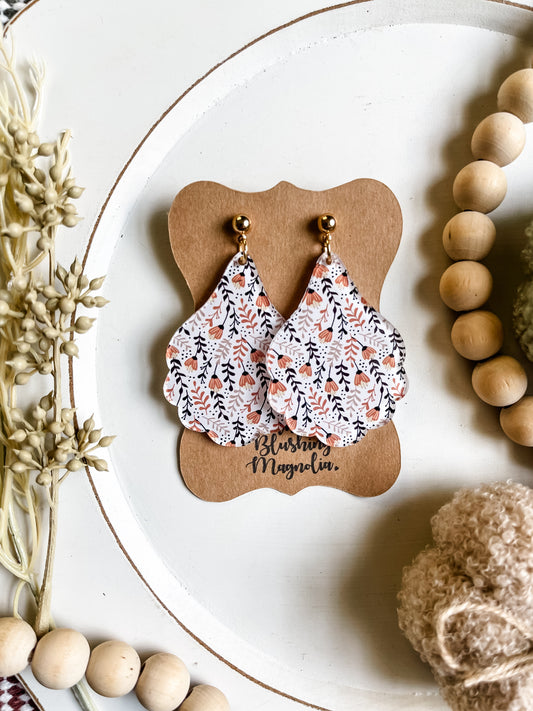 Neutral Floral Teardrop Scalloped Dangles