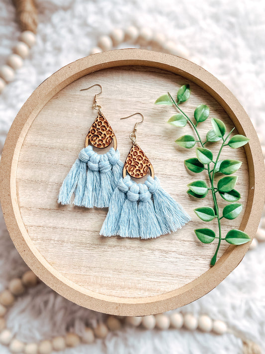 Light Blue Leopard Tear Drop Macrame Dangle Earrings
