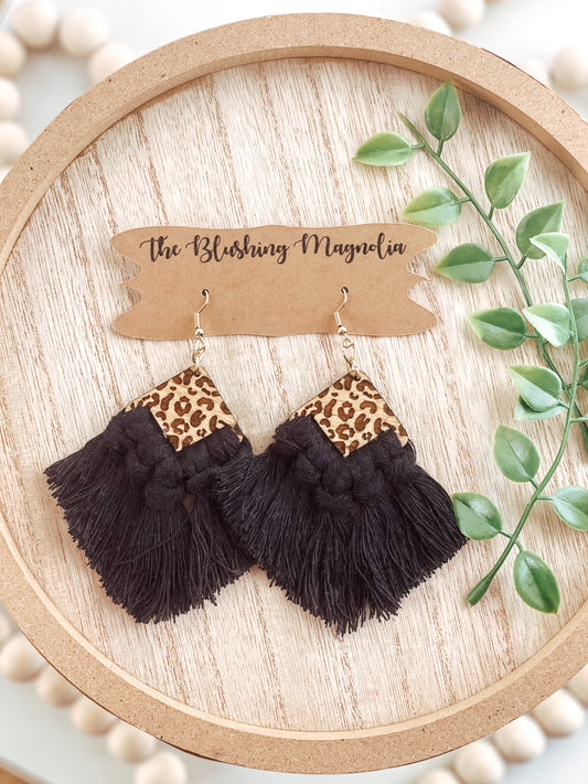 Black Leopard Diamond Macrame Dangle Earrings