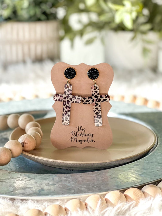 Leopard Print Cross Dangle Earrings