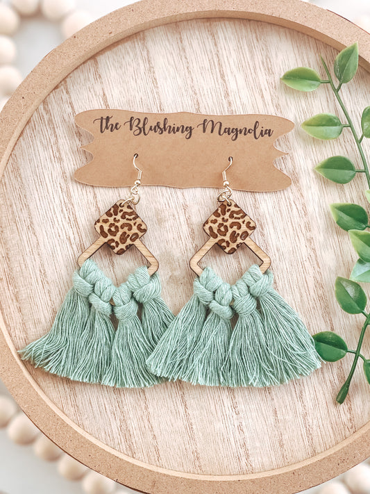 Mint Leopard Macrame Dangle Earrings
