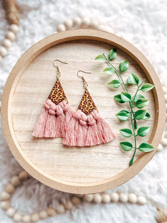 Pink Leopard Teardrop Macrame Dangle Earrings
